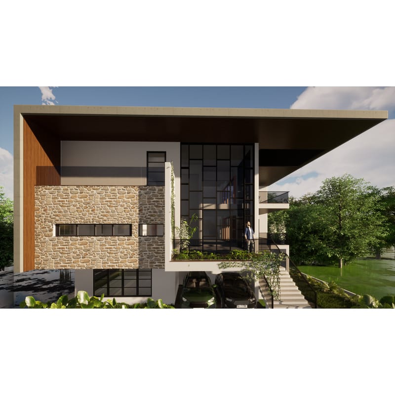 Modern home side view with rubble-stone wall, deep cantilevered roof, glass facade and car parking below, Hyderabad