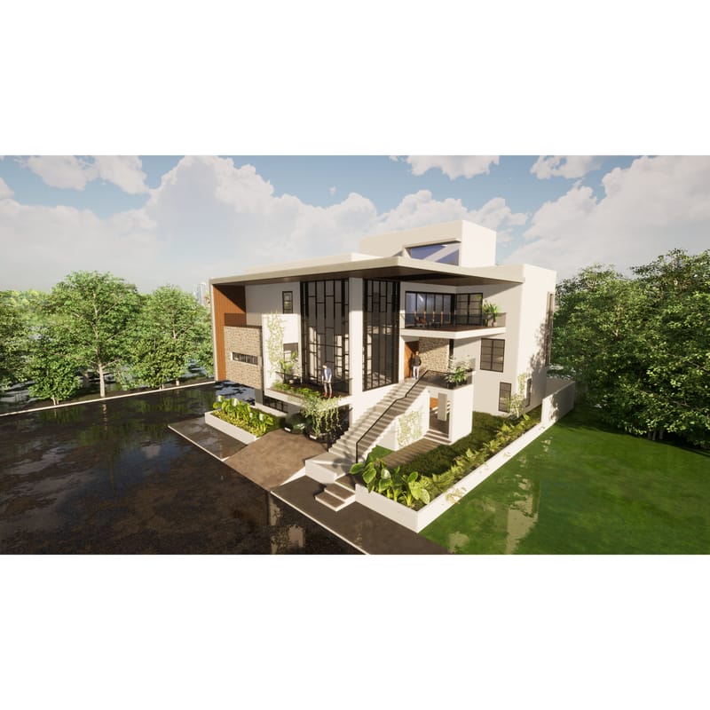 Architectural render of a white modern villa with overhanging roof, landscaped steps and waterside garden, Hyderabad