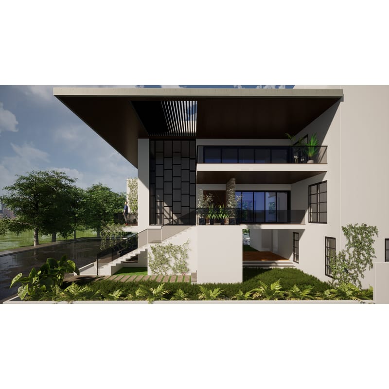 Contemporary villa rear elevation, recessed balcony, vertical timber soffit and landscaped fern garden, Hyderabad