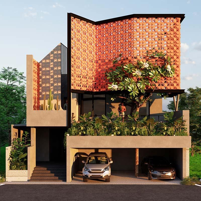 3D render of a contemporary Hyderabad home with a perforated terracotta jaali screen, balcony garden and ground-floor carport