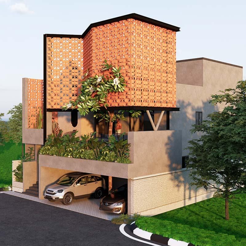 Angled 3D render of a modern house with patterned terracotta brick jaali facade, planted balcony and two-car carport
