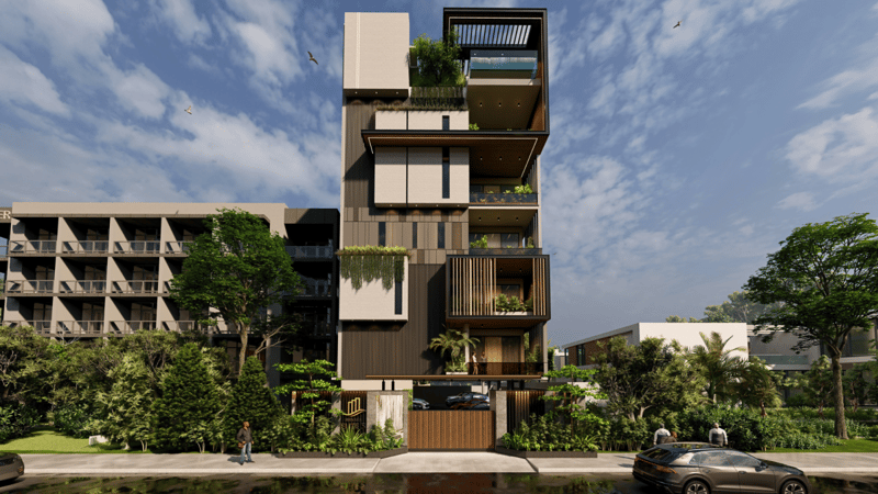 Layered cantilevered residence under blue sky in Hyderabad, planted terraces and mixed timber-and-stone facade