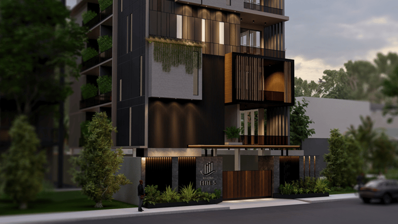 Modern home facade at dusk in Hyderabad, illuminated entry, wood-slat screens and dark cantilevered massing