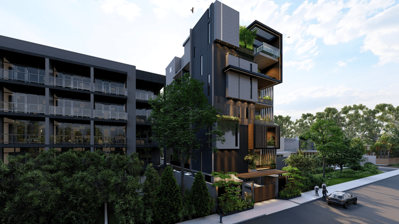Contemporary Hyderabad residence street view with layered facade, wood-slat screens and landscaped frontage