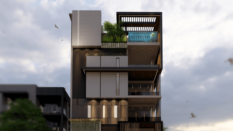 Modern multi-storey home exterior in Hyderabad, brown and grey facade with rooftop terrace pool and greenery