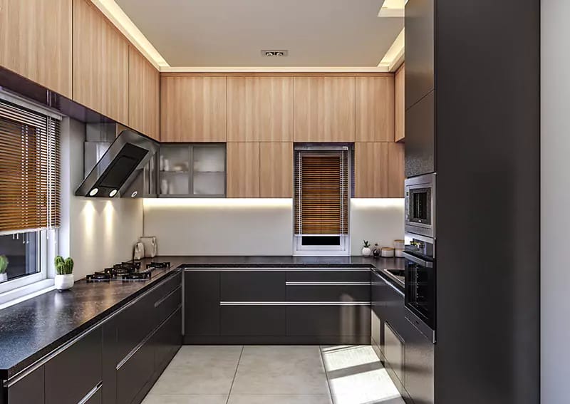 U-shaped modular kitchen pairing wood-grain uppers with matte charcoal base units and black countertops, Hyderabad