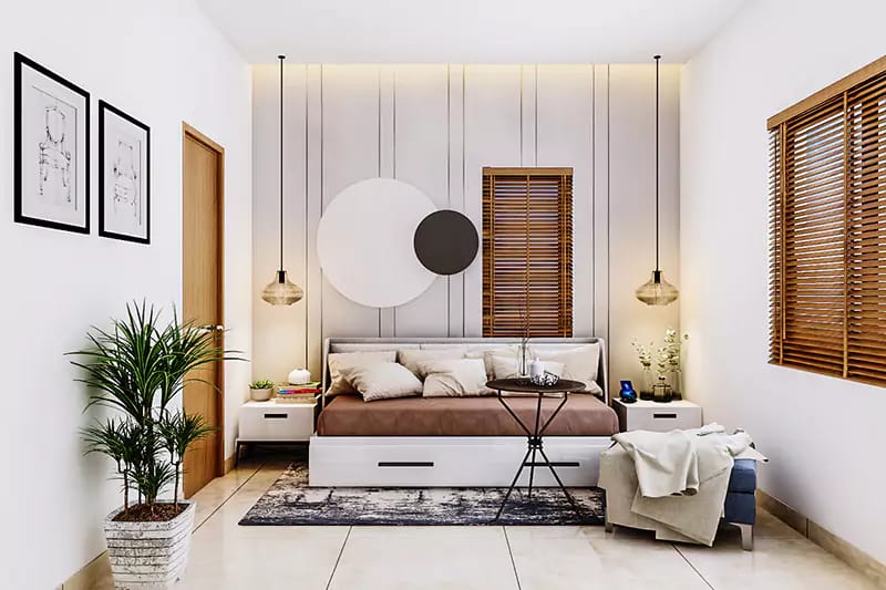 Bright bedroom with circular wall decor, fluted panelling, glass pendant lights and potted palm, Hyderabad