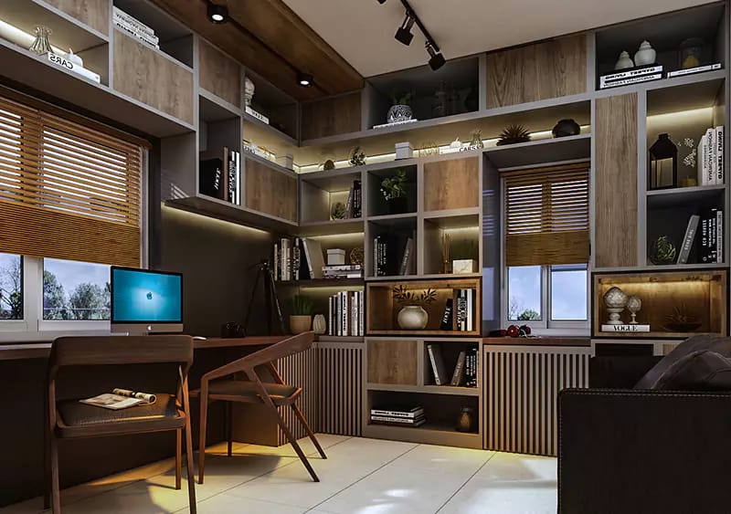 Home study with full-height wood-and-grey display shelving, iMac desk and lit alcoves with books and decor, Hyderabad