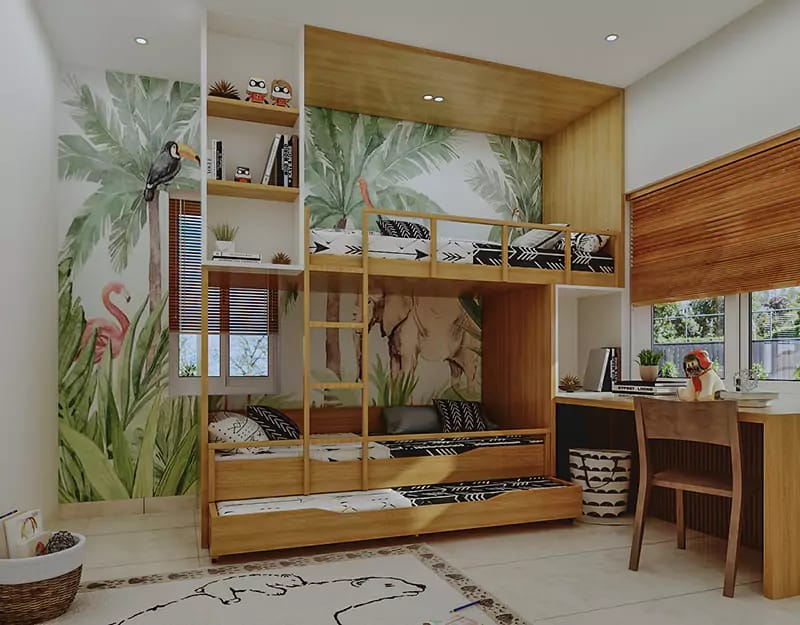 Kids bedroom with timber bunk beds, tropical jungle wall mural, study desk and monochrome bedding, Hyderabad