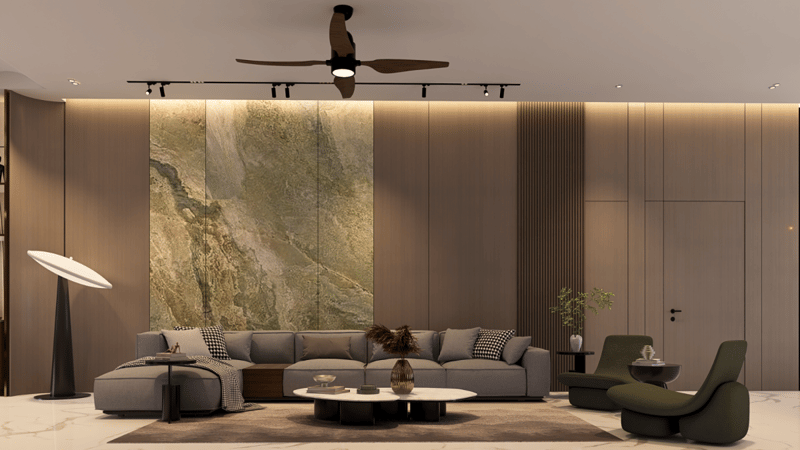 Contemporary living room with backlit onyx feature wall, grey sectional and green accent armchair, Hyderabad