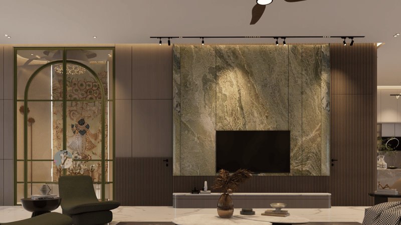 Living room TV wall in green onyx with fluted wood panels and an arched glass display cabinet, Hyderabad