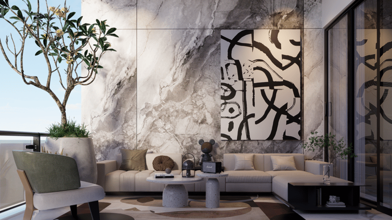 Outdoor terrace lounge with marble feature wall, abstract black-and-white art and beige sectional, Hyderabad