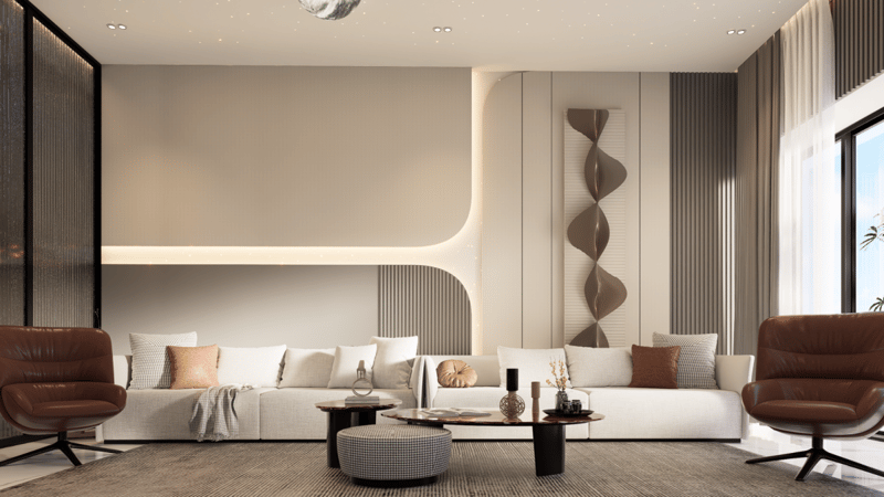 Contemporary living room with neutral L-shaped sofa, brown leather lounge chairs and fluted wall, Sas Crown, Hyderabad