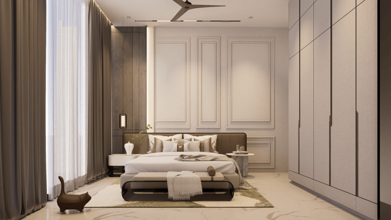 Bedroom with classic moulded panel headboard wall, neutral bedding and fitted wardrobes, Hyderabad