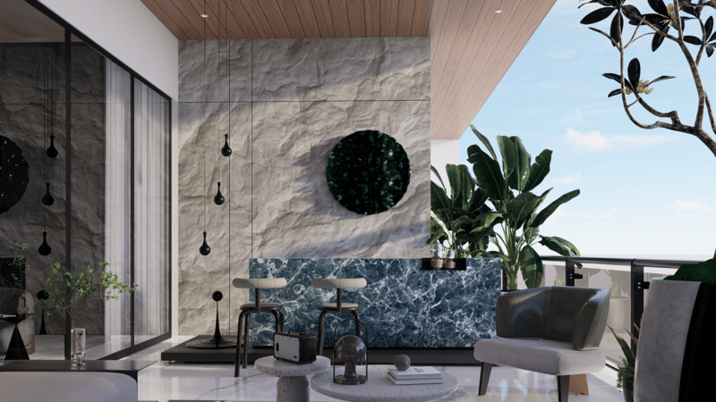 Open-air balcony bar with stone-clad wall, teal marble counter and city skyline view, Hyderabad