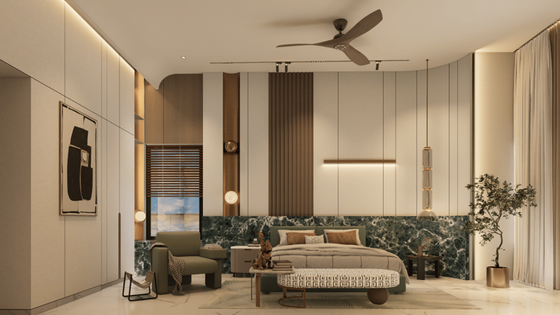 Warm bedroom with green marble wainscot, fluted wood panel, olive accent chair and ceiling fan, Hyderabad