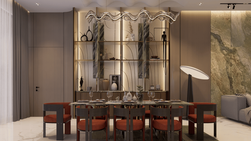 Dining room with six rust-upholstered chairs, backlit glass display cabinet and green marble accent, Hyderabad