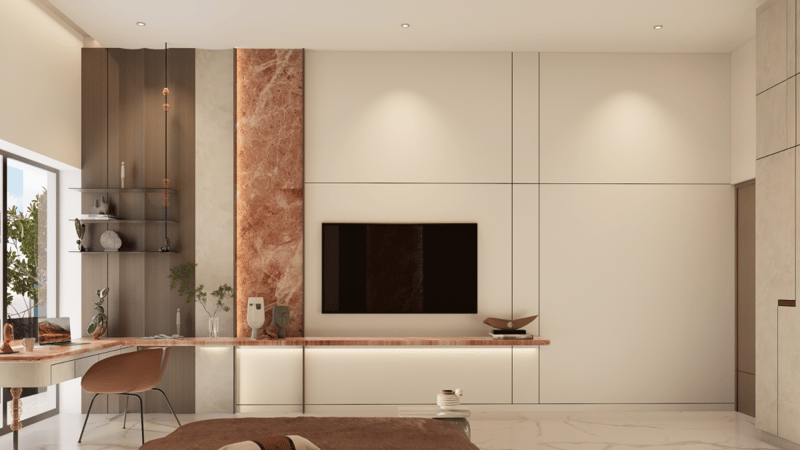Media wall in cream cabinetry with pink onyx strip, floating console and adjacent study nook, Hyderabad