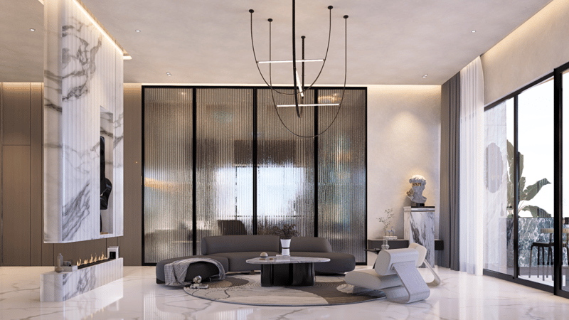 Luxury living room with marble fireplace wall, sculptural chandelier and fluted glass partition, Hyderabad