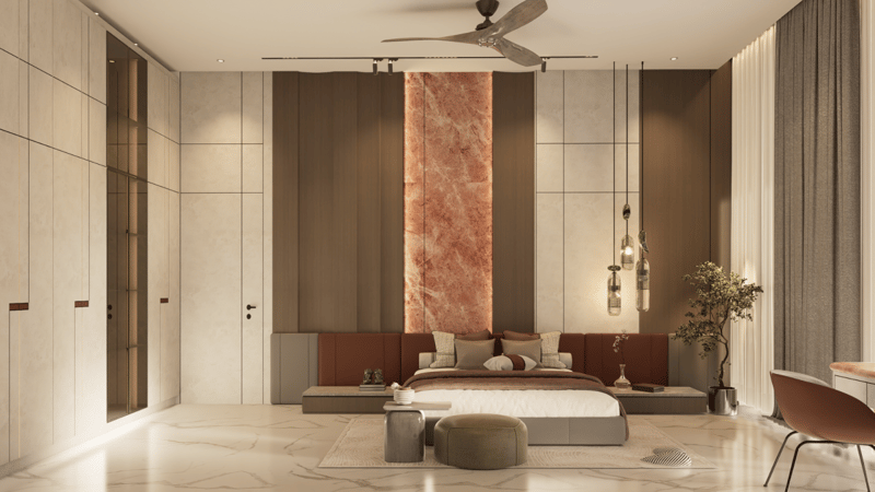 Bedroom with low platform bed and dramatic peach onyx feature column lit by a pendant cluster, Hyderabad