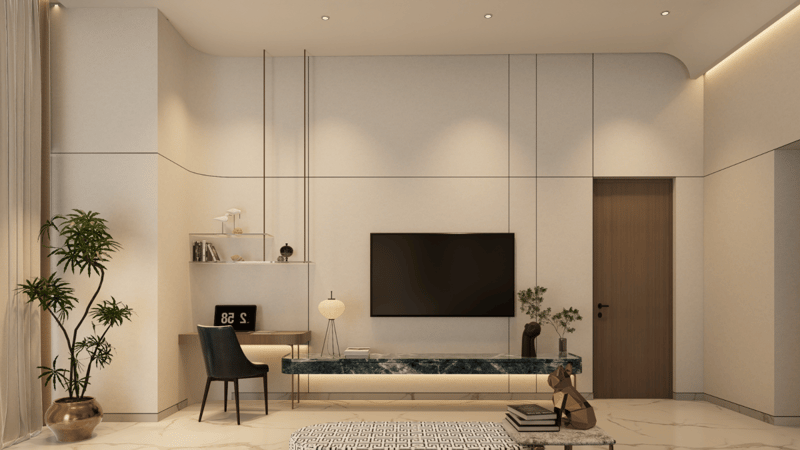 Minimal cream media wall with green marble console, slim study desk and potted plants, Hyderabad