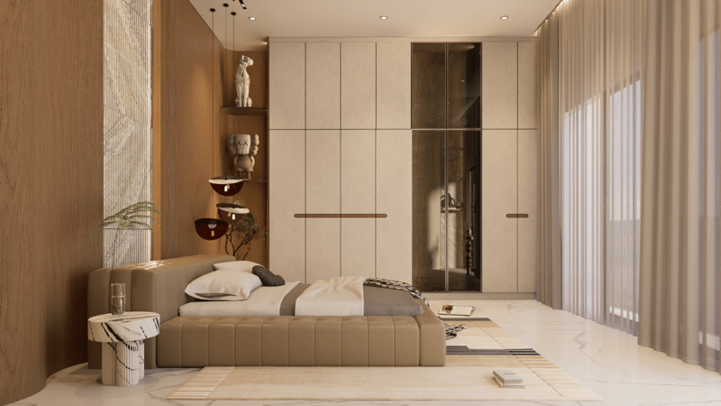 Beige bedroom with upholstered platform bed, floor-to-ceiling fitted wardrobes and corner display niche, Hyderabad