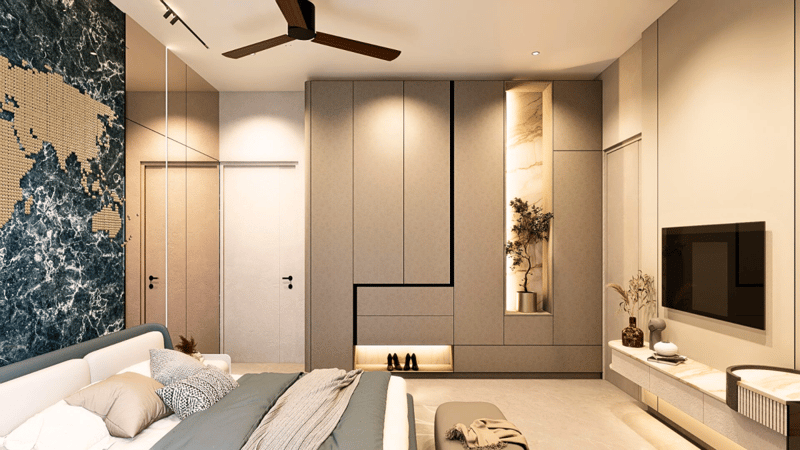 Bedroom in Hyderabad with blue-marble accent wall, floor-to-ceiling wardrobes, wall-mounted TV and a lit display niche