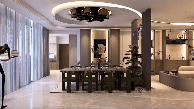 Dining room in Hyderabad with long dark table, sheer drape wall, floral brass chandelier and a styled bonsai accent