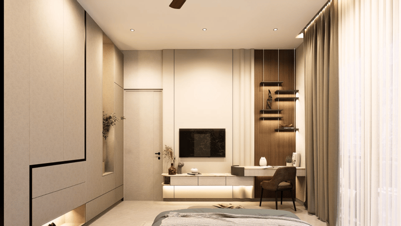 Neutral bedroom with built-in study desk nook, floating wood shelves, TV panel and sheer curtains framing tall windows, Hyderabad