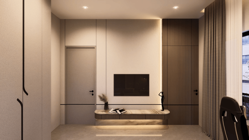 Minimalist entryway with wall-mounted TV, floating timber bench, recessed cove lighting and full-height wardrobes, Hyderabad