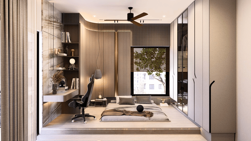 Bedroom study with black gaming chair, fluted wood feature wall, floating desk and platform bed, Bespoke Horizon, Hyderabad