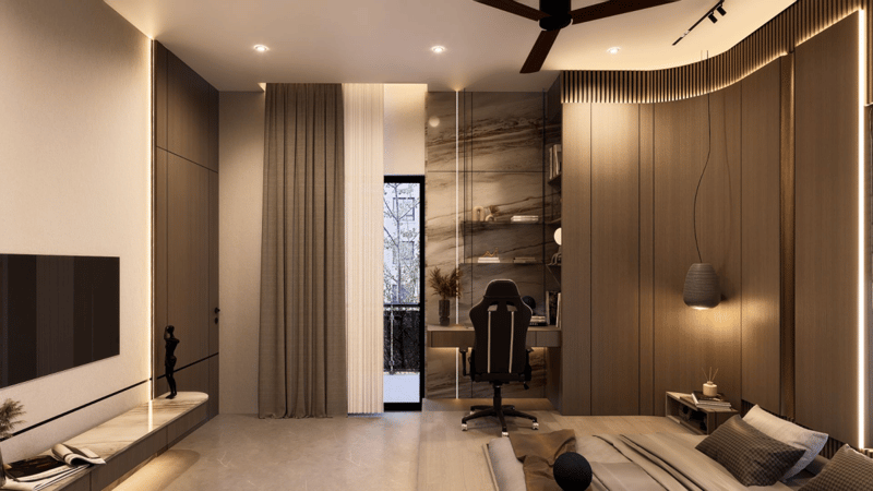 Modern bedroom corner with gaming chair, marble shelving niche, wall-mounted TV and floor-to-ceiling drapes, Hyderabad