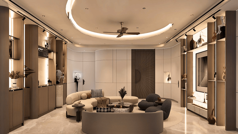Living room in Hyderabad with curved seating, fluted TV wall, tall display cabinetry and a circular cove-lit false ceiling