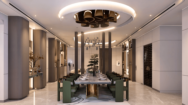 Elegant dining room with green velvet chairs, gold-and-marble table and a sculptural drum chandelier over fluted columns, Hyderabad