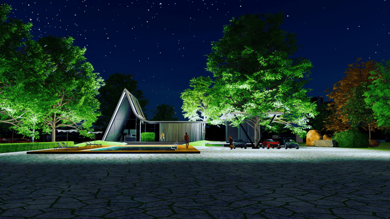 Night render of an illuminated A-frame weekend retreat under a starry sky with uplit trees and stone paving, Hyderabad