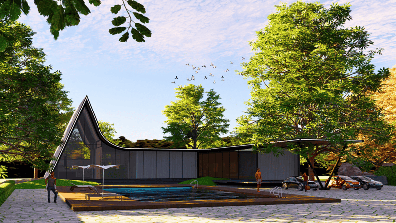 A-frame weekend house with cantilevered canopy, sunken pool, timber deck and parking court framed by greenery, Hyderabad