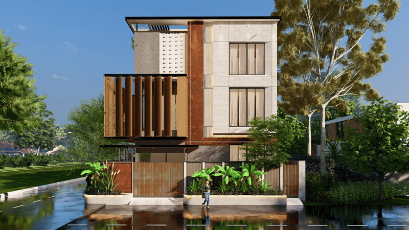 Front elevation render of a Hyderabad villa with stone and wood facade, reflecting pool and banana-plant landscaping