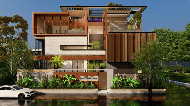 3D render of a modern multi-storey Hyderabad villa with wood louvre screens, stone facade and waterfront landscaping
