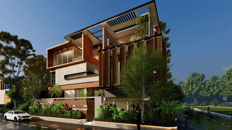 Angled render of a contemporary Hyderabad villa showing layered wood louvres, balconies and lush green planting