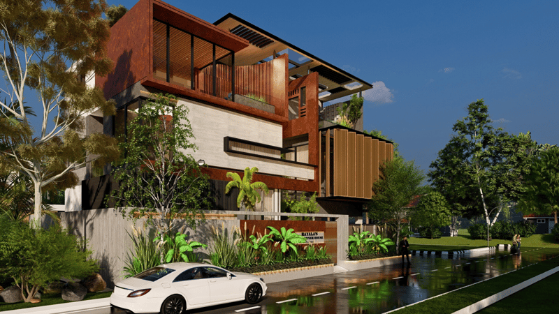 Modern Hyderabad villa render with rust-clad volumes, wood slat screens, reflecting pond and a white car at the gate