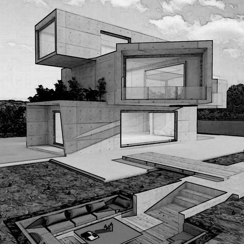 Architectural concept rendering of a stacked board-formed concrete house with cantilevered glass-walled volumes