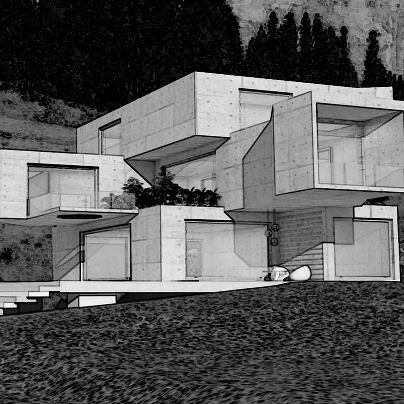 Monochrome rendering of a hillside concrete house with cantilevered boxes and full-height glazing