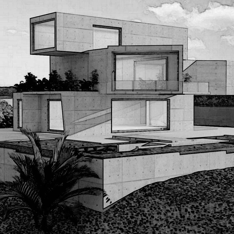 Concept rendering of a stacked concrete villa with planted terraces and a glass balcony volume