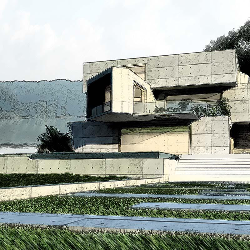 Sketch-style visualization of a modernist concrete home above a lake with landscaped lawn terraces