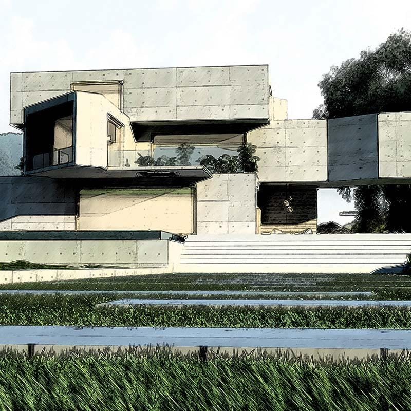 Architectural visualization of a board-formed concrete house with steps, lawn and cantilevered upper box
