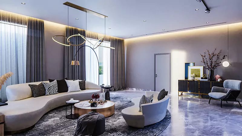 Luxury living room with curved cream sofas, sculptural ceiling light, marble floor and grey drapes, Hyderabad full-home design