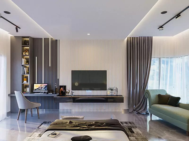 Modern living room with fluted accent wall, wall-mounted TV, built-in study desk and mint-green sofa, Hyderabad