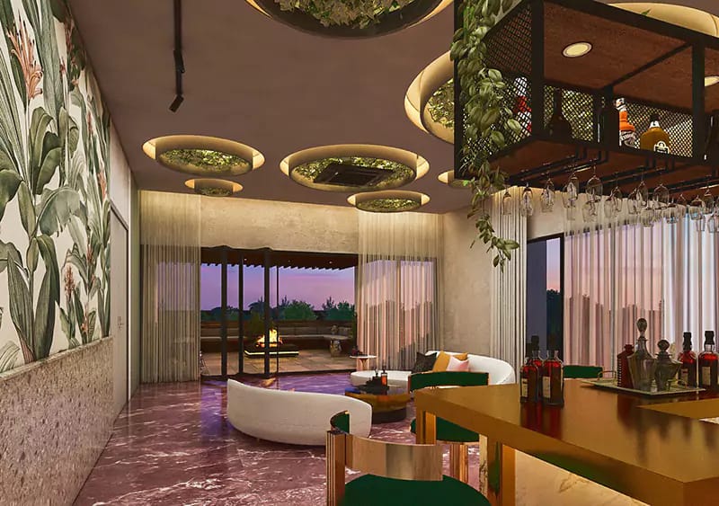 Home bar lounge with tropical wall mural, circular planted ceiling pods, curved white sofas and brass stools, Hyderabad