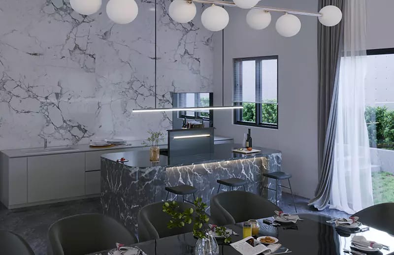 Open kitchen-dining with marble backsplash, dark marble bar island, bar stools and linear pendant lighting, Hyderabad
