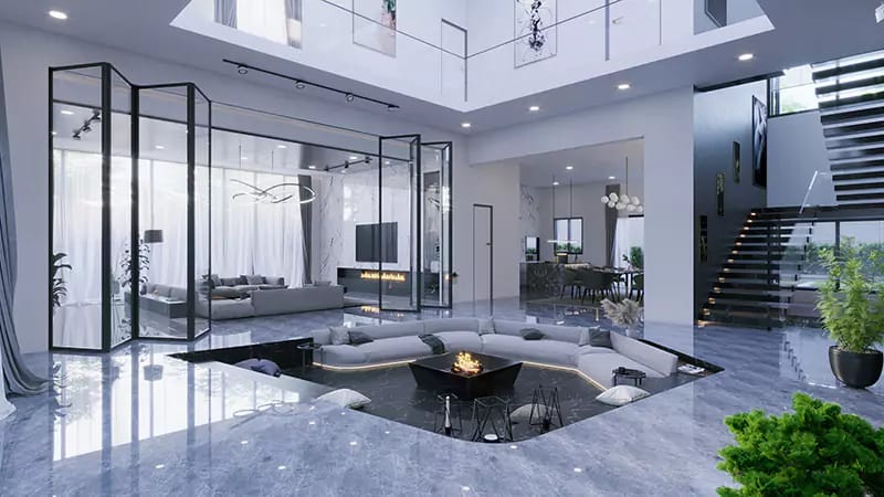 Double-height living room with sunken seating, central fire pit, glass folding doors and staircase, Hyderabad
